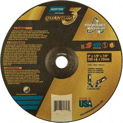 Norton - 24 Grit, 9" Wheel Diam, 1/8" Wheel Thickness, 7/8" Arbor Hole, Type 27 Depressed Center Wheel - Coarse Grade, Ceramic, Resinoid Bond, 6,600 Max RPM - Eagle Tool & Supply