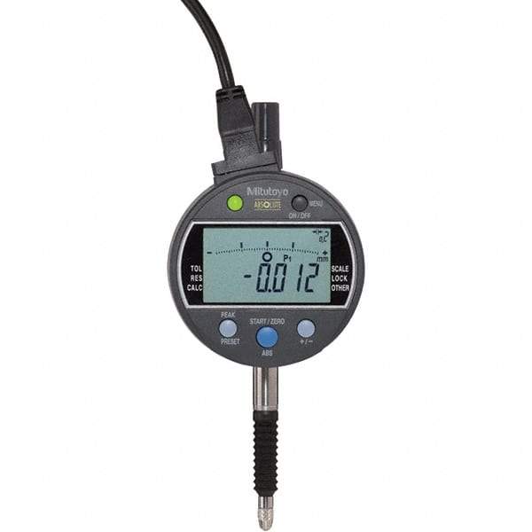 Mitutoyo - 0 to 1/2" Range, 0.00005, 0.0001 & 0.0005" Graduation, Electronic Drop Inidicator - Flat Back, 0.0001" Accuracy, LCD Display, Inch & Metric - Eagle Tool & Supply