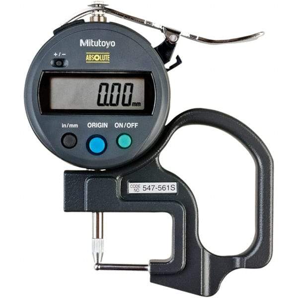 Mitutoyo - 0mm to 12mm Measurement, 0.01mm Resolution Electronic Thickness Gage - Accurate up to 0.001", 1.5 N Measuring Force - Eagle Tool & Supply