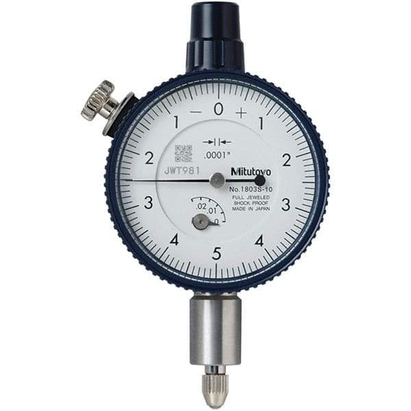 Mitutoyo - 1/4" Range, 0-5-0 Dial Reading, 0.0001" Graduation Dial Drop Indicator - 40mm Dial, 0.01" Range per Revolution, 0.0001" Accuracy, Revolution Counter - Eagle Tool & Supply