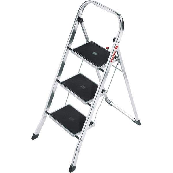 Hailo - 3 Steps, 3' 4" High, EN14183 Rating, Aluminum Step Ladder - 330 Lb Capacity, 18-1/2" Base Width - Eagle Tool & Supply