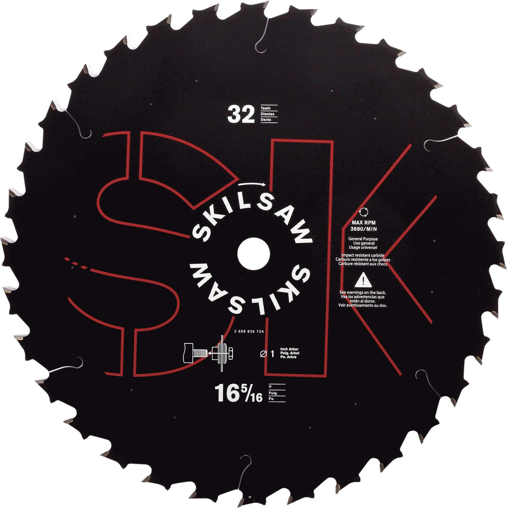 Skilsaw - 16-5/16" Diam, 1" Arbor Hole Diam, 32 Tooth Wet & Dry Cut Saw Blade - Carbide-Tipped, Cutoff Action, Standard Round Arbor - Eagle Tool & Supply