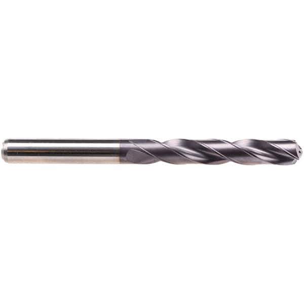 Emuge - 9/16" 140° Solid Carbide Jobber Drill - TiAlN Finish, Right Hand Cut, Spiral Flute, Cylindrical Shank, 124mm OAL, Four Facet Point - Eagle Tool & Supply