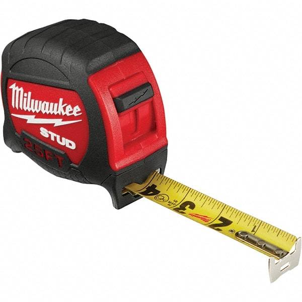 Milwaukee Tool - 25' x 1" Yellow Steel Blade Tape Measure - 1/16" & 1/10' Graduation, Inch Graduation Style, Red/Black Plastic Case - Eagle Tool & Supply