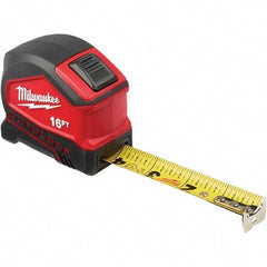 Milwaukee Tool - 16' x 1" Yellow Steel Blade Tape Measure - 1/16" & 1/10' Graduation, Inch Graduation Style, Red/Black Plastic Case - Eagle Tool & Supply