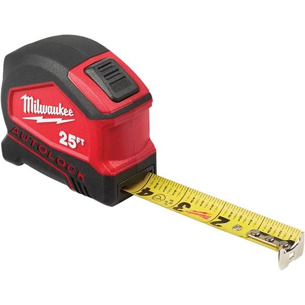 Milwaukee Tool - 25' x 1" Yellow Steel Blade Tape Measure - 1/16" & 1/10' Graduation, Inch Graduation Style, Red/Black Plastic Case - Eagle Tool & Supply