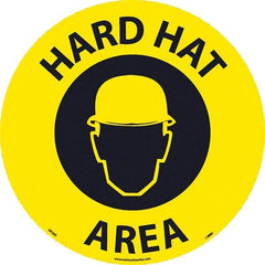 NMC - Hard Hat Area, Anti-Skid Pressure-Sensitive Vinyl Floor Sign - Round, Black on Yellow, Adhesive Backed, For Restroom, Janitorial & Housekeeping - Eagle Tool & Supply