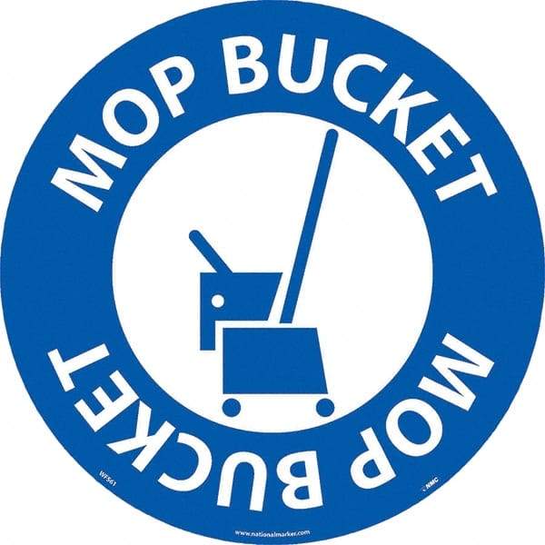 NMC - Mop Bucket, Anti-Skid Pressure-Sensitive Vinyl Floor Sign - Round, White on Blue, Adhesive Backed, For Restroom, Janitorial & Housekeeping - Eagle Tool & Supply