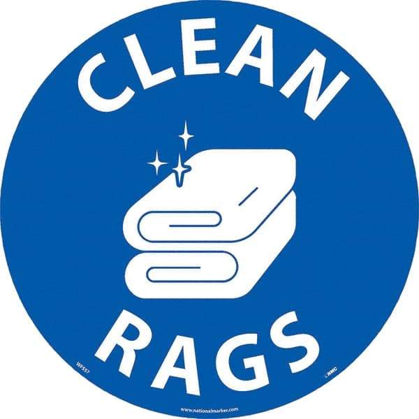 NMC - Clean Rags, Anti-Skid Pressure-Sensitive Vinyl Floor Sign - Round, White on Blue, Adhesive Backed, For Restroom, Janitorial & Housekeeping - Eagle Tool & Supply