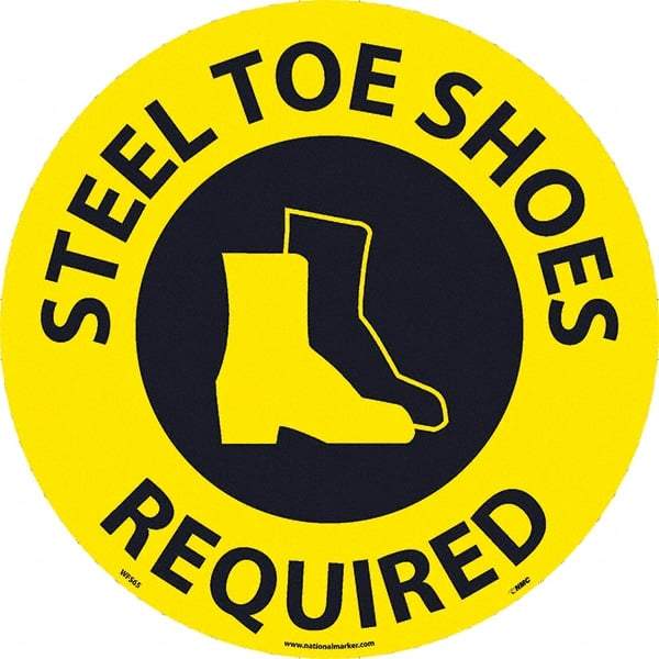 NMC - Steel Toe Shoes Required, Anti-Skid Pressure-Sensitive Vinyl Floor Sign - Round, Black on Yellow, Adhesive Backed, For Restroom, Janitorial & Housekeeping - Eagle Tool & Supply