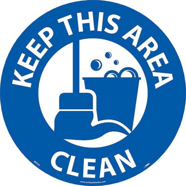 NMC - Keep This Area Clean, Anti-Skid Pressure-Sensitive Vinyl Floor Sign - Round, White on Blue, Adhesive Backed, For Restroom, Janitorial & Housekeeping - Eagle Tool & Supply