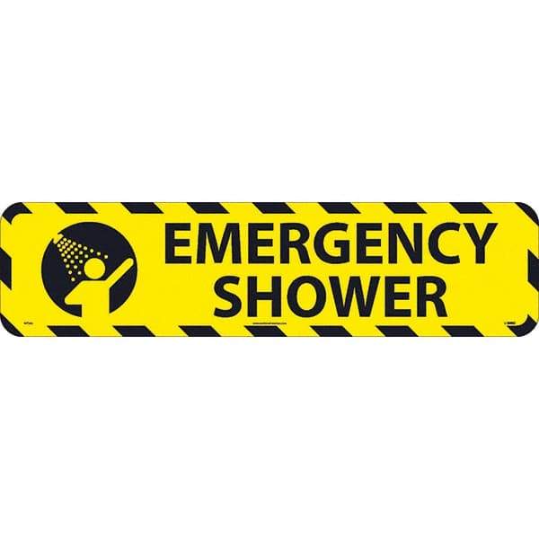 NMC - Emergency Shower, Anti-Skid Pressure-Sensitive Vinyl Floor Sign - Rectangle, Black on Yellow, Adhesive Backed, For Restroom, Janitorial & Housekeeping - Eagle Tool & Supply