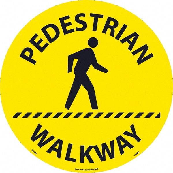 NMC - Pedestrian Walkway, Anti-Skid Pressure-Sensitive Vinyl Floor Sign - Round, Black on Yellow, Adhesive Backed, For Restroom, Janitorial & Housekeeping - Eagle Tool & Supply