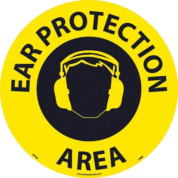 NMC - Ear Protection Area, Anti-Skid Pressure-Sensitive Vinyl Floor Sign - Round, Black on Yellow, Adhesive Backed, For Restroom, Janitorial & Housekeeping - Eagle Tool & Supply