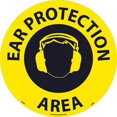 NMC - Ear Protection Area, Anti-Skid Pressure-Sensitive Vinyl Floor Sign - Round, Black on Yellow, Adhesive Backed, For Restroom, Janitorial & Housekeeping - Eagle Tool & Supply