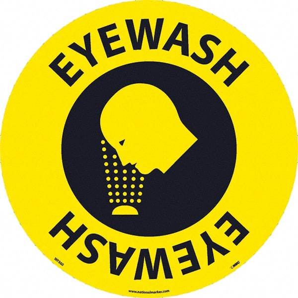 NMC - Eyewash, Anti-Skid Pressure-Sensitive Vinyl Floor Sign - Round, Black on Yellow, Adhesive Backed, For Restroom, Janitorial & Housekeeping - Eagle Tool & Supply