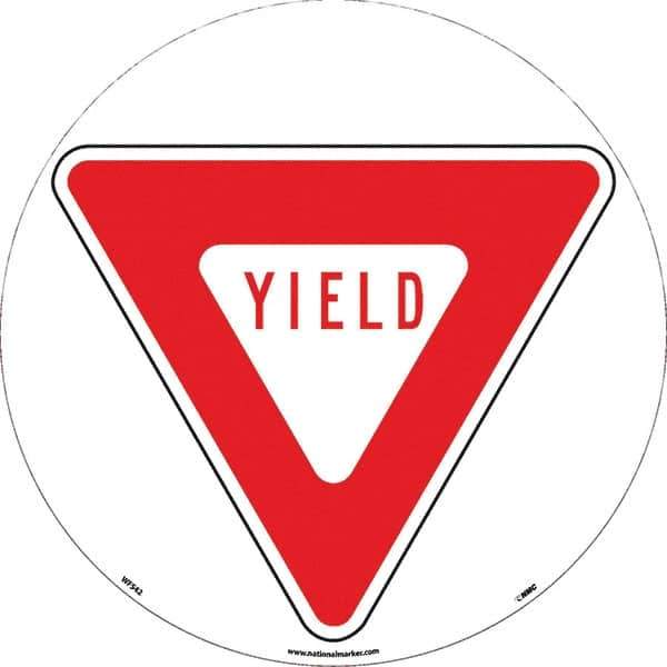 NMC - Yield, Anti-Skid Pressure-Sensitive Vinyl Floor Sign - Round, Red on White, Adhesive Backed, For Restroom, Janitorial & Housekeeping - Eagle Tool & Supply