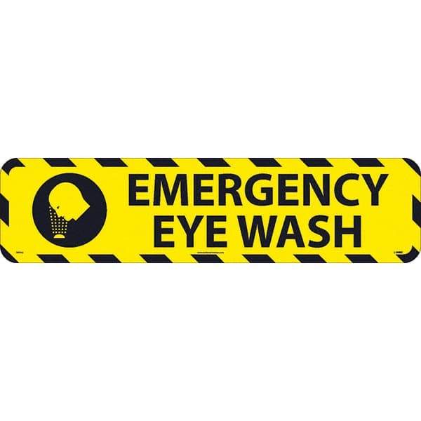 NMC - Emergency Eye Wash, Anti-Skid Pressure-Sensitive Vinyl Floor Sign - Rectangle, Black on Yellow, Adhesive Backed, For Restroom, Janitorial & Housekeeping - Eagle Tool & Supply