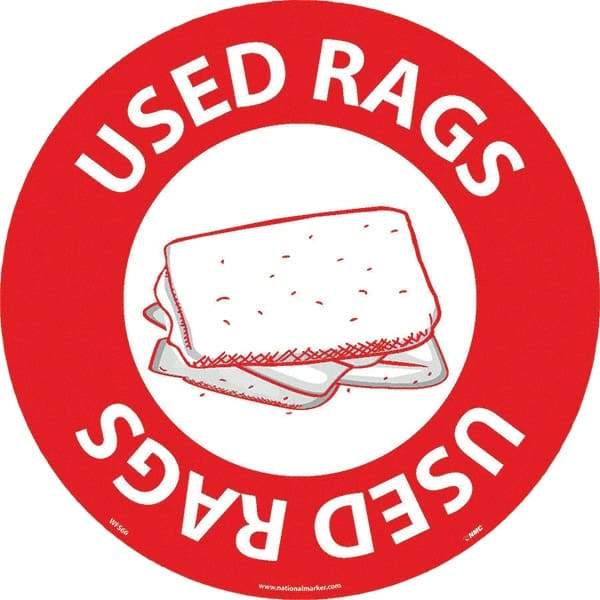 NMC - Used Rags, Anti-Skid Pressure-Sensitive Vinyl Floor Sign - Round, White on Red, Adhesive Backed, For Restroom, Janitorial & Housekeeping - Eagle Tool & Supply