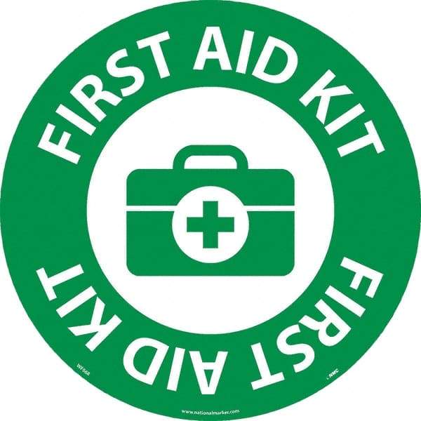 NMC - First Aid Kit, Anti-Skid Pressure-Sensitive Vinyl Floor Sign - Round, White on Green, Adhesive Backed, For Restroom, Janitorial & Housekeeping - Eagle Tool & Supply