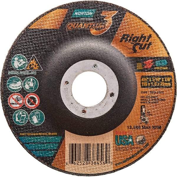 Norton - 36 Grit, 4-1/2" Wheel Diam, 1/16" Wheel Thickness, 7/8" Arbor Hole, Type 27 Depressed Center Wheel - Coarse Grade, Ceramic Alumina, Resinoid Bond, 13,580 Max RPM - Eagle Tool & Supply