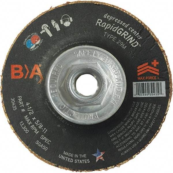 BULLARD - 50 Grit, 4-1/2" Wheel Diam, 1/8" Wheel Thickness, Type 29 Depressed Center Wheel - Coarse Grade, Ceramic, 13,300 Max RPM, Compatible with Angle Grinder - Eagle Tool & Supply