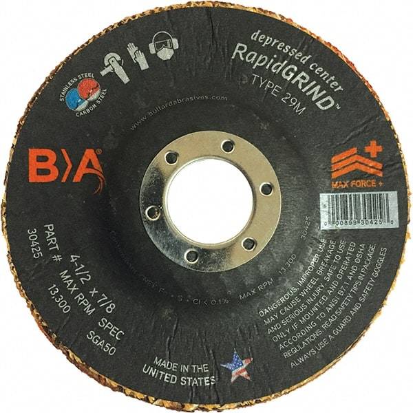 BULLARD - 50 Grit, 4-1/2" Wheel Diam, 1/8" Wheel Thickness, 7/8" Arbor Hole, Type 29 Depressed Center Wheel - Coarse Grade, Ceramic, 13,300 Max RPM, Compatible with Angle Grinder - Eagle Tool & Supply