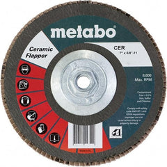 Metabo - 40 Grit, 7" Disc Diam, 5/8-11 Center Hole, Type 29 Ceramic Flap Disc - 8,600 Max RPM, Fiberglass Backing, Arbor Attaching System, Coated - Eagle Tool & Supply