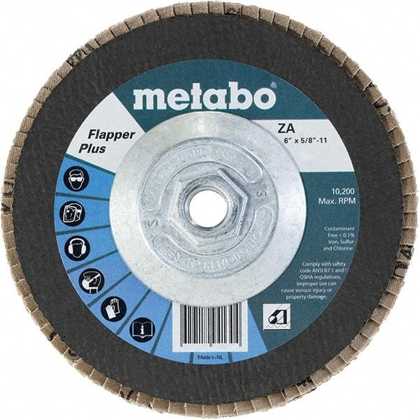 Metabo - 60 Grit, 6" Disc Diam, 5/8-11 Center Hole, Type 27 Zirconia Alumina Flap Disc - 10,200 Max RPM, Fiberglass Backing, Arbor Attaching System, Coated - Eagle Tool & Supply