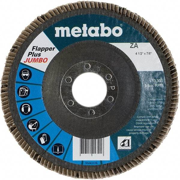 Metabo - 60 Grit, 4-1/2" Disc Diam, 7/8" Center Hole, Type 27 Zirconia Alumina Flap Disc - 13,300 Max RPM, Fiberglass Backing, Arbor Attaching System, Coated - Eagle Tool & Supply