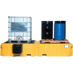 UltraTech - 535 Gal Sump Capacity, Polyethylene TWIN IBC Spill Pallet, Left Side Bucket with Drain - 61.6" Long x 22" Wide x 124-1/2" High, 8,000 Lb Capacity, 2 Totes, Includes 1 Left Side Bucket Shelf - Eagle Tool & Supply