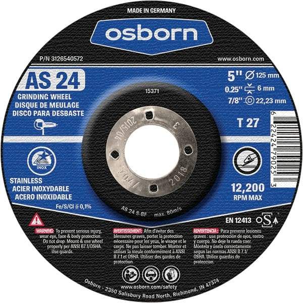 Osborn - 24 Grit, 5" Wheel Diam, 1/4" Wheel Thickness, 7/8" Arbor Hole, Type 27 Depressed Center Wheel - Coarse Grade, Aluminum Oxide, 12,225 Max RPM - Eagle Tool & Supply