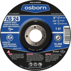 Osborn - 24 Grit, 5" Wheel Diam, 1/4" Wheel Thickness, 7/8" Arbor Hole, Type 27 Depressed Center Wheel - Coarse Grade, Aluminum Oxide, 12,225 Max RPM - Eagle Tool & Supply