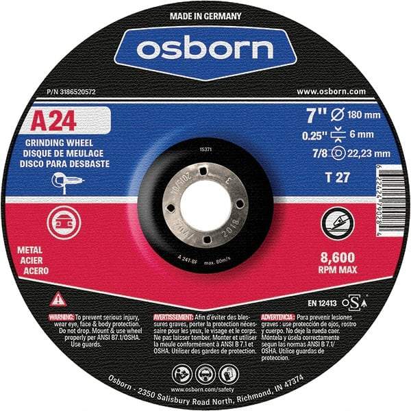 Osborn - 24 Grit, 7" Wheel Diam, 1/4" Wheel Thickness, 7/8" Arbor Hole, Type 27 Depressed Center Wheel - Coarse Grade, Aluminum Oxide, 8,600 Max RPM - Eagle Tool & Supply