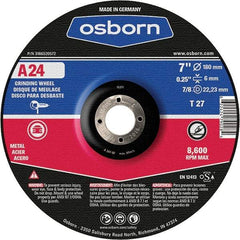 Osborn - 24 Grit, 7" Wheel Diam, 1/4" Wheel Thickness, 7/8" Arbor Hole, Type 27 Depressed Center Wheel - Coarse Grade, Aluminum Oxide, 8,600 Max RPM - Eagle Tool & Supply