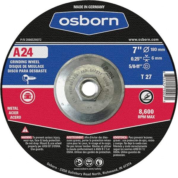 Osborn - 24 Grit, 7" Wheel Diam, 1/4" Wheel Thickness, Type 27 Depressed Center Wheel - Coarse Grade, Aluminum Oxide, 8,600 Max RPM - Eagle Tool & Supply