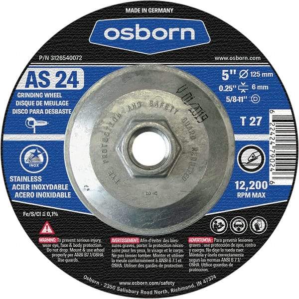 Osborn - 24 Grit, 5" Wheel Diam, 1/4" Wheel Thickness, Type 27 Depressed Center Wheel - Coarse Grade, Aluminum Oxide, 12,225 Max RPM - Eagle Tool & Supply