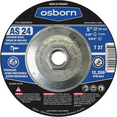 Osborn - 24 Grit, 5" Wheel Diam, 1/4" Wheel Thickness, Type 27 Depressed Center Wheel - Coarse Grade, Aluminum Oxide, 12,225 Max RPM - Eagle Tool & Supply