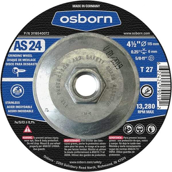 Osborn - 24 Grit, 4-1/2" Wheel Diam, 1/4" Wheel Thickness, Type 27 Depressed Center Wheel - Coarse Grade, Aluminum Oxide, 13,280 Max RPM - Eagle Tool & Supply