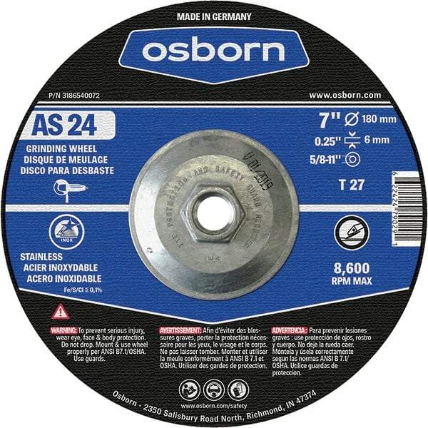 Osborn - 24 Grit, 7" Wheel Diam, 1/4" Wheel Thickness, Type 27 Depressed Center Wheel - Coarse Grade, Aluminum Oxide, 8,600 Max RPM - Eagle Tool & Supply
