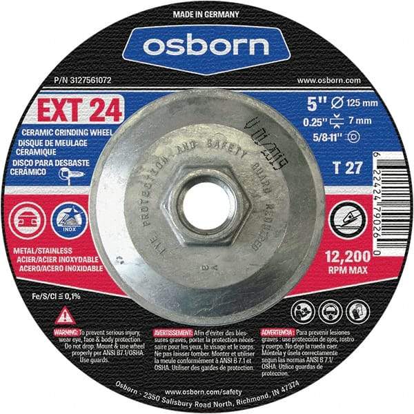 Osborn - 24 Grit, 5" Wheel Diam, 1/4" Wheel Thickness, Type 27 Depressed Center Wheel - Coarse Grade, Ceramic, 12,225 Max RPM - Eagle Tool & Supply