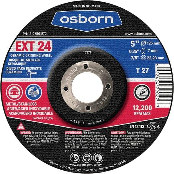 Osborn - 24 Grit, 5" Wheel Diam, 1/4" Wheel Thickness, 7/8" Arbor Hole, Type 27 Depressed Center Wheel - Coarse Grade, Ceramic, 12,225 Max RPM - Eagle Tool & Supply