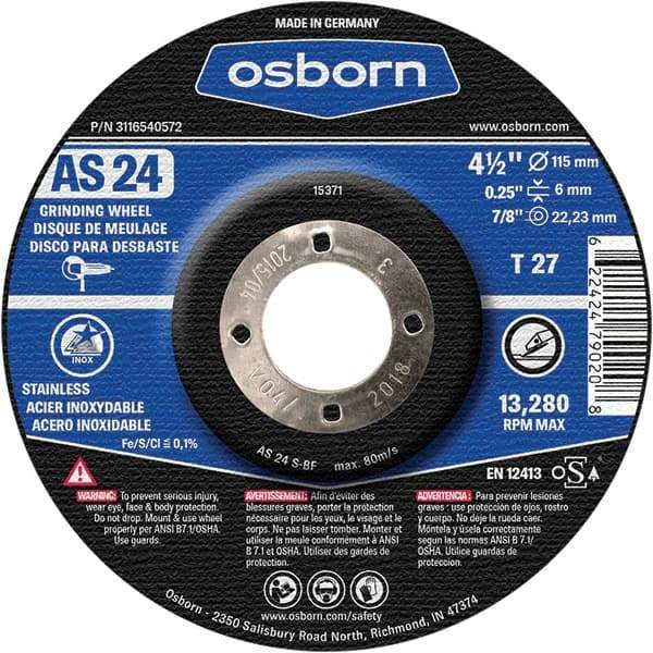 Osborn - 24 Grit, 4-1/2" Wheel Diam, 1/4" Wheel Thickness, 7/8" Arbor Hole, Type 27 Depressed Center Wheel - Coarse Grade, Aluminum Oxide, 13,280 Max RPM - Eagle Tool & Supply