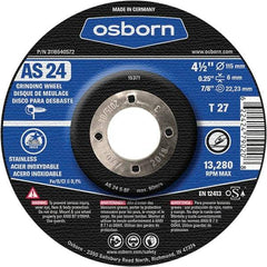 Osborn - 24 Grit, 4-1/2" Wheel Diam, 1/4" Wheel Thickness, 7/8" Arbor Hole, Type 27 Depressed Center Wheel - Coarse Grade, Aluminum Oxide, 13,280 Max RPM - Eagle Tool & Supply