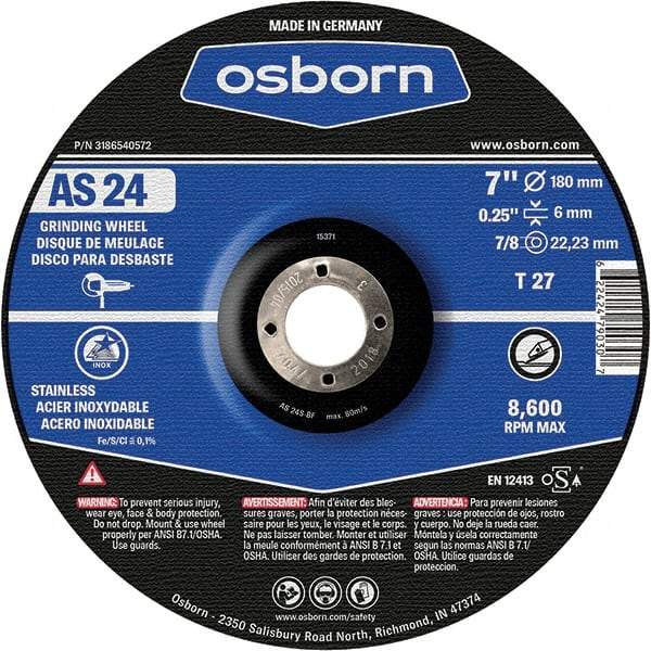 Osborn - 24 Grit, 7" Wheel Diam, 1/4" Wheel Thickness, 7/8" Arbor Hole, Type 27 Depressed Center Wheel - Coarse Grade, Aluminum Oxide, 8,600 Max RPM - Eagle Tool & Supply