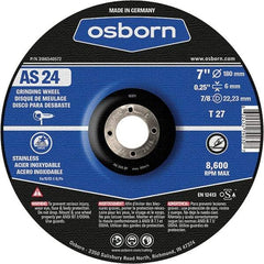 Osborn - 24 Grit, 7" Wheel Diam, 1/4" Wheel Thickness, 7/8" Arbor Hole, Type 27 Depressed Center Wheel - Coarse Grade, Aluminum Oxide, 8,600 Max RPM - Eagle Tool & Supply