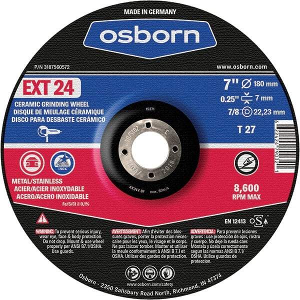 Osborn - 24 Grit, 7" Wheel Diam, 1/4" Wheel Thickness, 7/8" Arbor Hole, Type 27 Depressed Center Wheel - Coarse Grade, Ceramic, 8,600 Max RPM - Eagle Tool & Supply