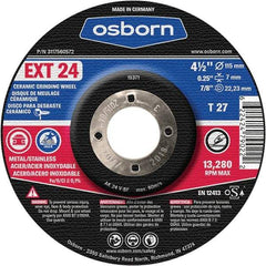 Osborn - 24 Grit, 4-1/2" Wheel Diam, 1/4" Wheel Thickness, 7/8" Arbor Hole, Type 27 Depressed Center Wheel - Coarse Grade, Ceramic, 13,280 Max RPM - Eagle Tool & Supply