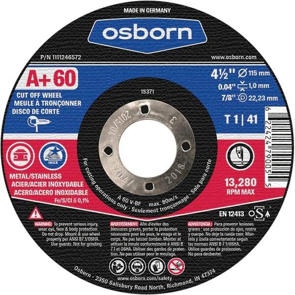 Osborn - 4-1/2" 60 Grit Aluminum Oxide Cutoff Wheel - 0.04" Thick, 7/8" Arbor, Use with Angle Grinders - Eagle Tool & Supply