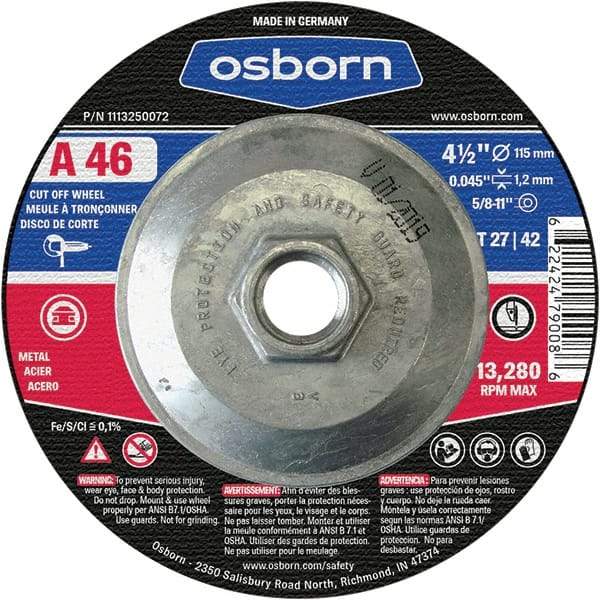 Osborn - 4-1/2" 60 Grit Aluminum Oxide Cutoff Wheel - 0.045" Thick, 5/8-11 Arbor, Use with Angle Grinders - Eagle Tool & Supply